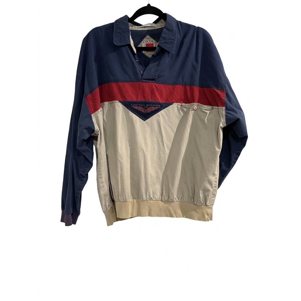 Vintage Color Works Rugby Shirt Mens 1X Colorblock Navy Red Tan Long Sleeve 90s